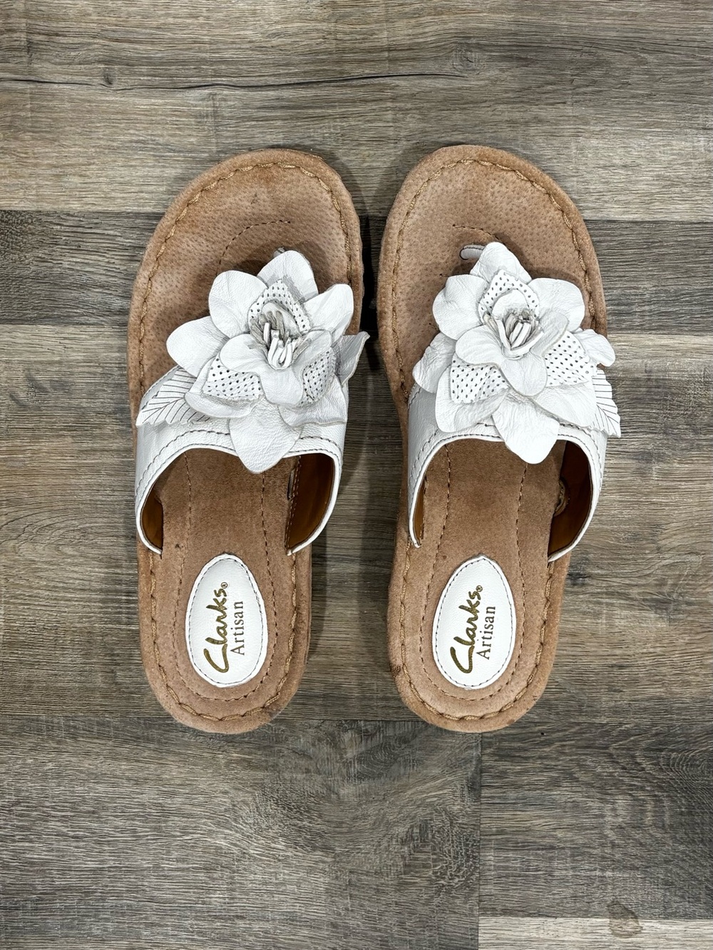 Clarks White Floral Leather Slide Mules